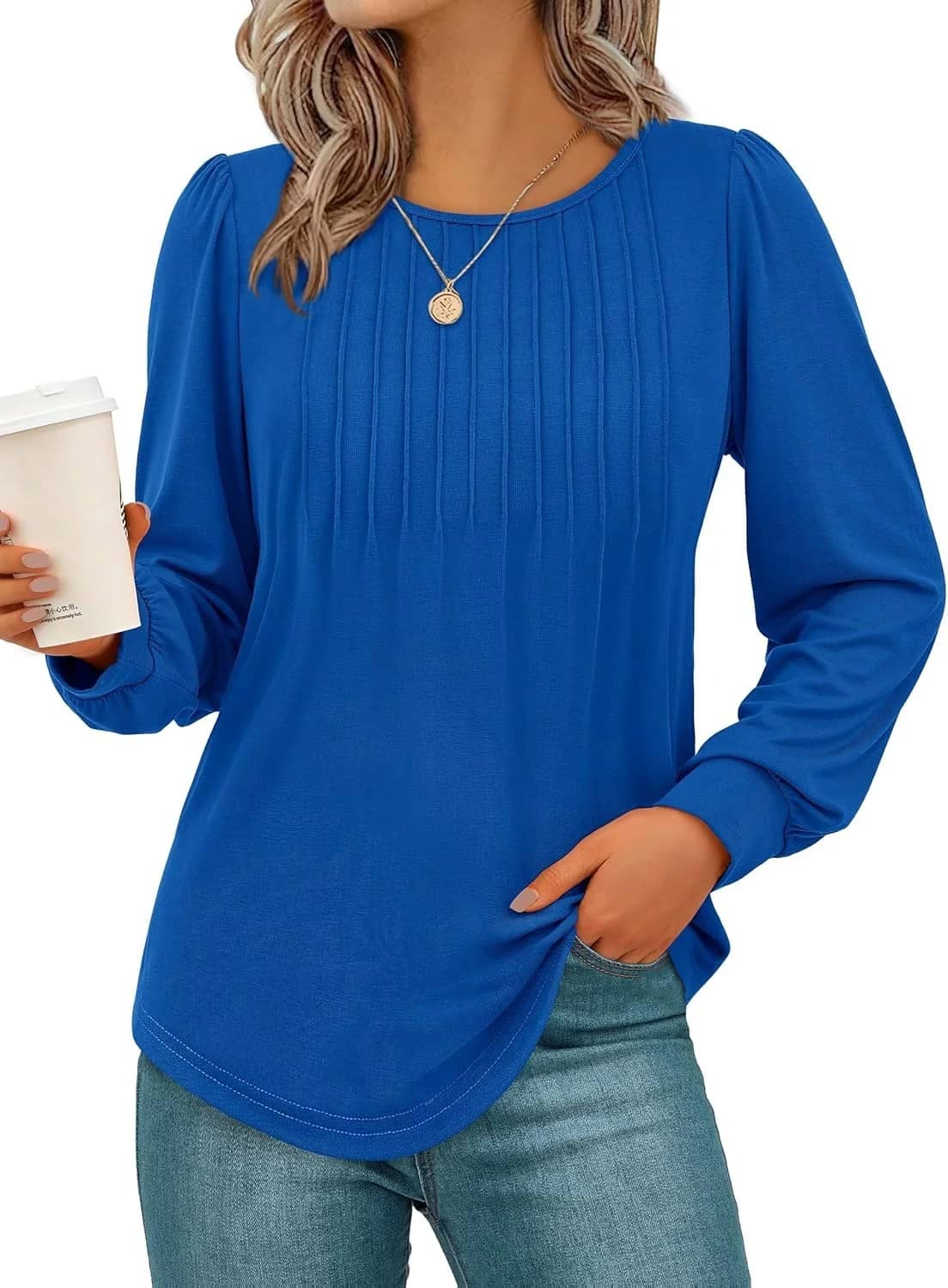 NALANISA Women's Fall Pleated Puff Sleeve Tunic Top