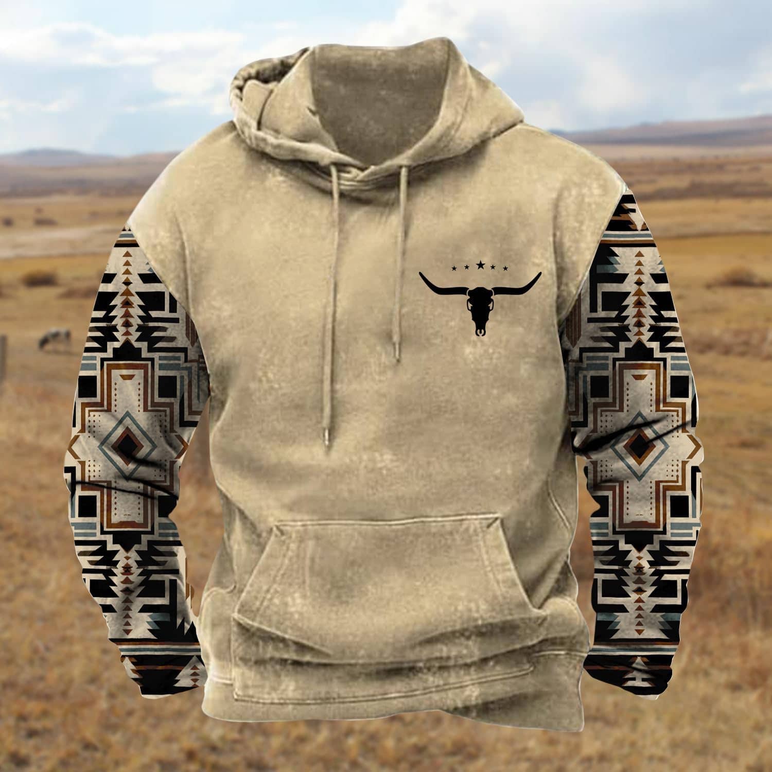 PORCLAY Mens Aztec Hoodie Western Cowboy Hooded Sweatshirt Country Graphic Print Oversized Pullover Shirts with Pocket - Image 2
