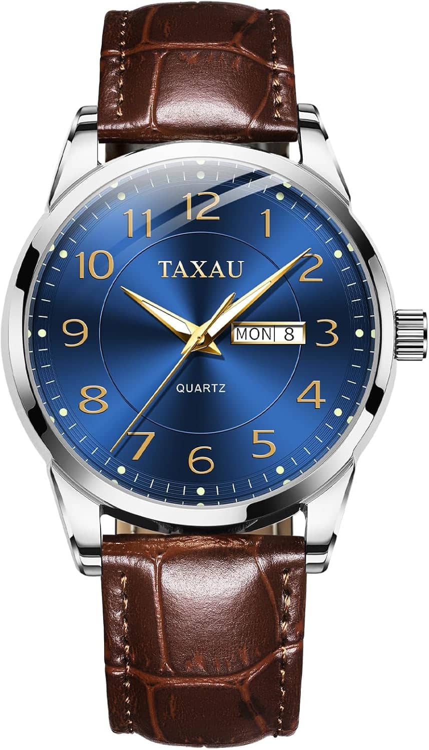 Leather Watches for Men Business Dress Men’s Watch with Luxury Waterproof Classic Blue Dial Stainless Steel Analog Quartz Wrist Watches with Brown Band Day Date Luminous Casual Male Man Formal Watch