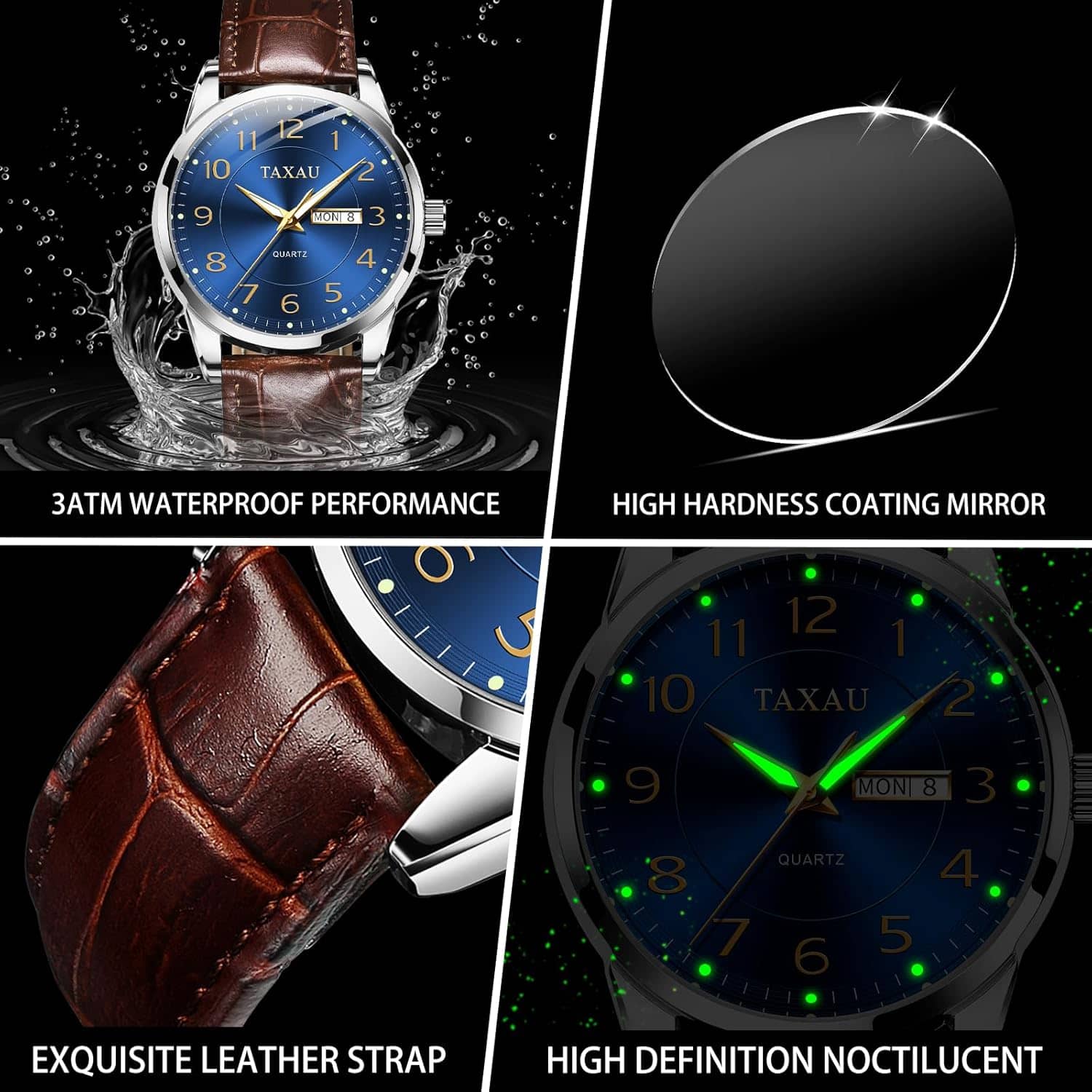 Leather Watches for Men Business Dress Men’s Watch with Luxury Waterproof Classic Blue Dial Stainless Steel Analog Quartz Wrist Watches with Brown Band Day Date Luminous Casual Male Man Formal Watch - Image 4