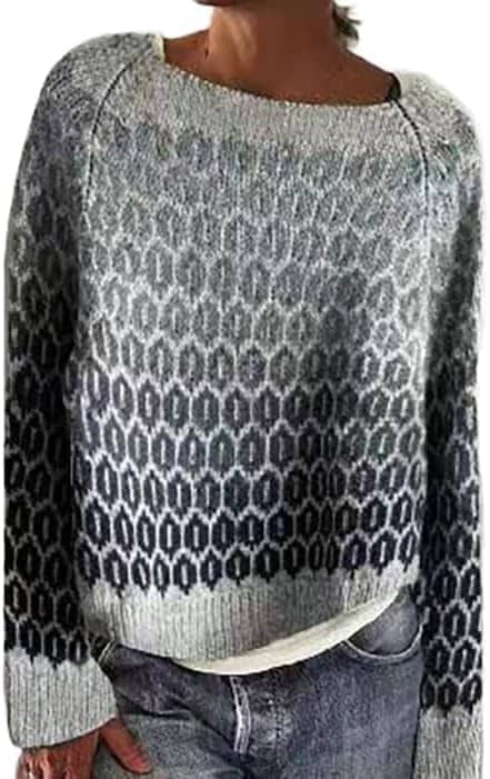 Fair Isle Sweater Women Plus Size Vintage Long Sleeve Crewneck Sweater Fair Isle Knit Pullover Sweater Tops S-4XL