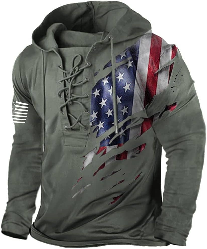 PORCLAY Men's American Flag Hoodie Outdoor Military Tactical Hooded Sweatshirt Graphic Printed Laceup Pullover Shirt
