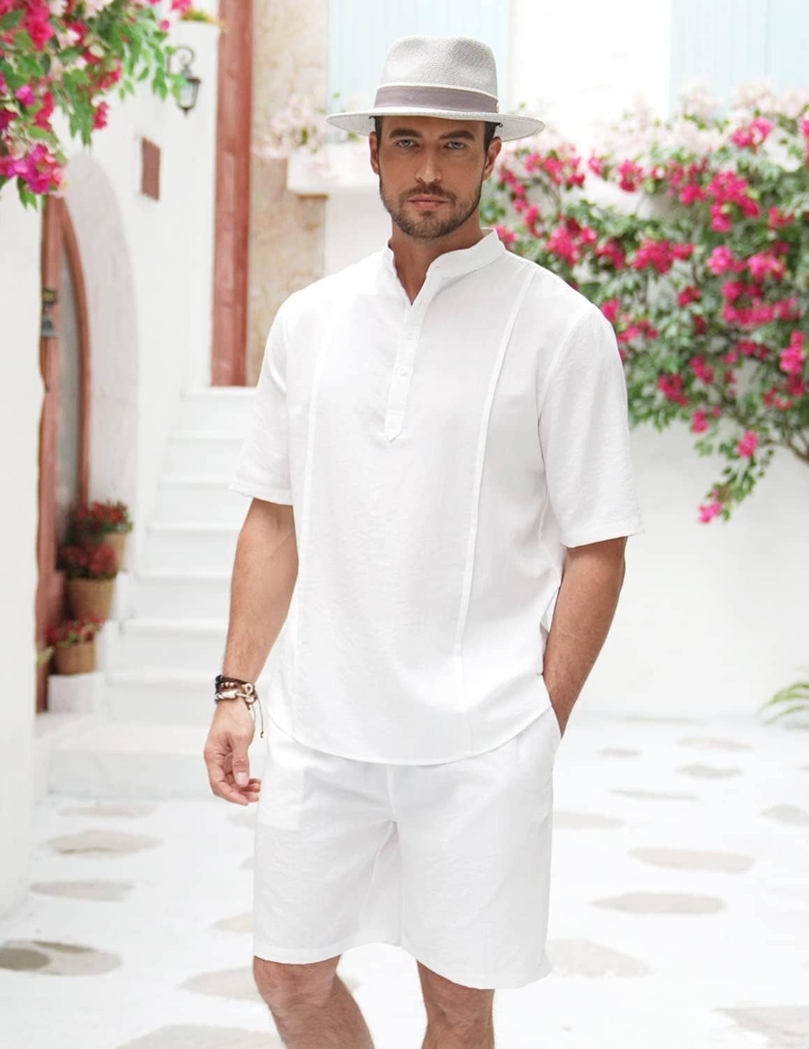 COOFANDY Men's 2 Pieces Linen Set Henley Shirt Short Sleeve and Shorts Summer Beach Yoga Matching Outfits - Image 3