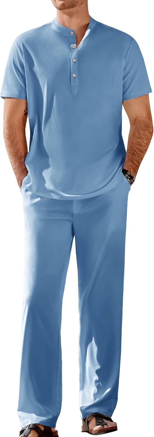 COOFANDY Men's 2 Pieces Set Short Sleeve Casual Henley Shirts Beach Yoga Pants Summer Beach Outfit
