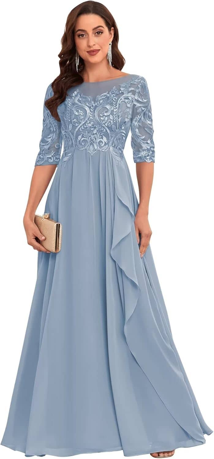 Chiffon Lace Mother of The Bride Dresses for Wedding Long Ruffles Formal Evening Gown with Sleeves