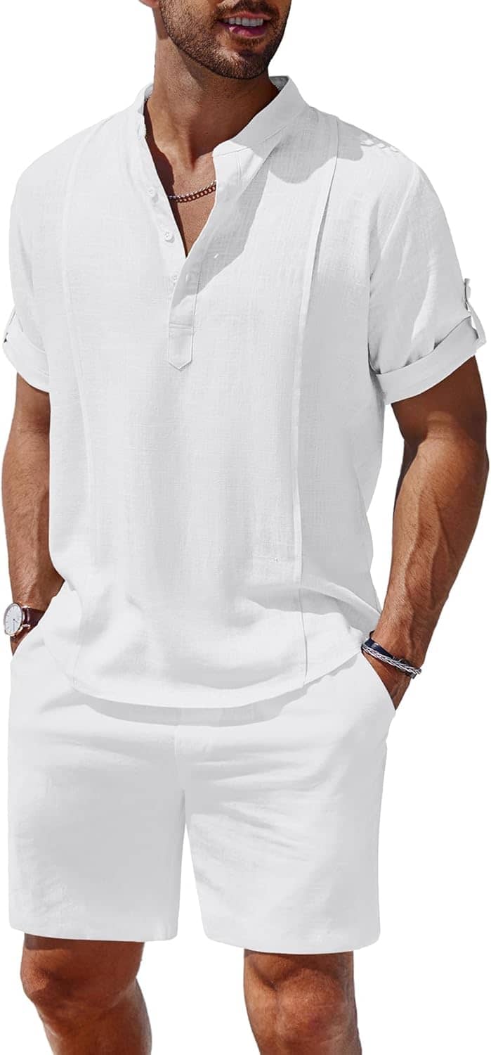 COOFANDY Men's 2 Pieces Linen Set Henley Shirt Short Sleeve and Shorts Summer Beach Yoga Matching Outfits