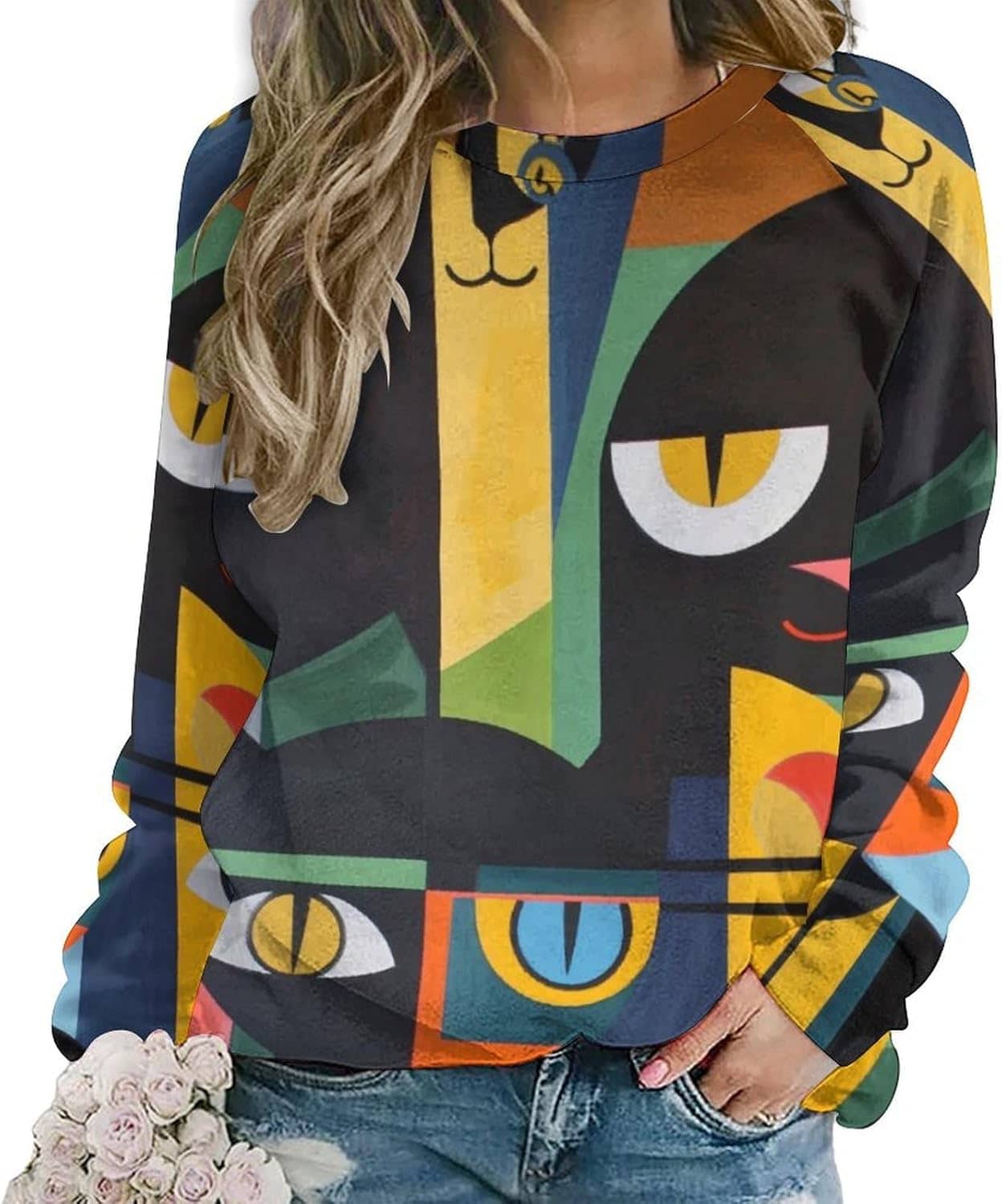 ZOCAVIA Women's Y2K Art Cat Sweatshirts Fall Abstract Cat Graphic Pullover Tops Long Sleeve Oil Painting Cat Printed T Shirts