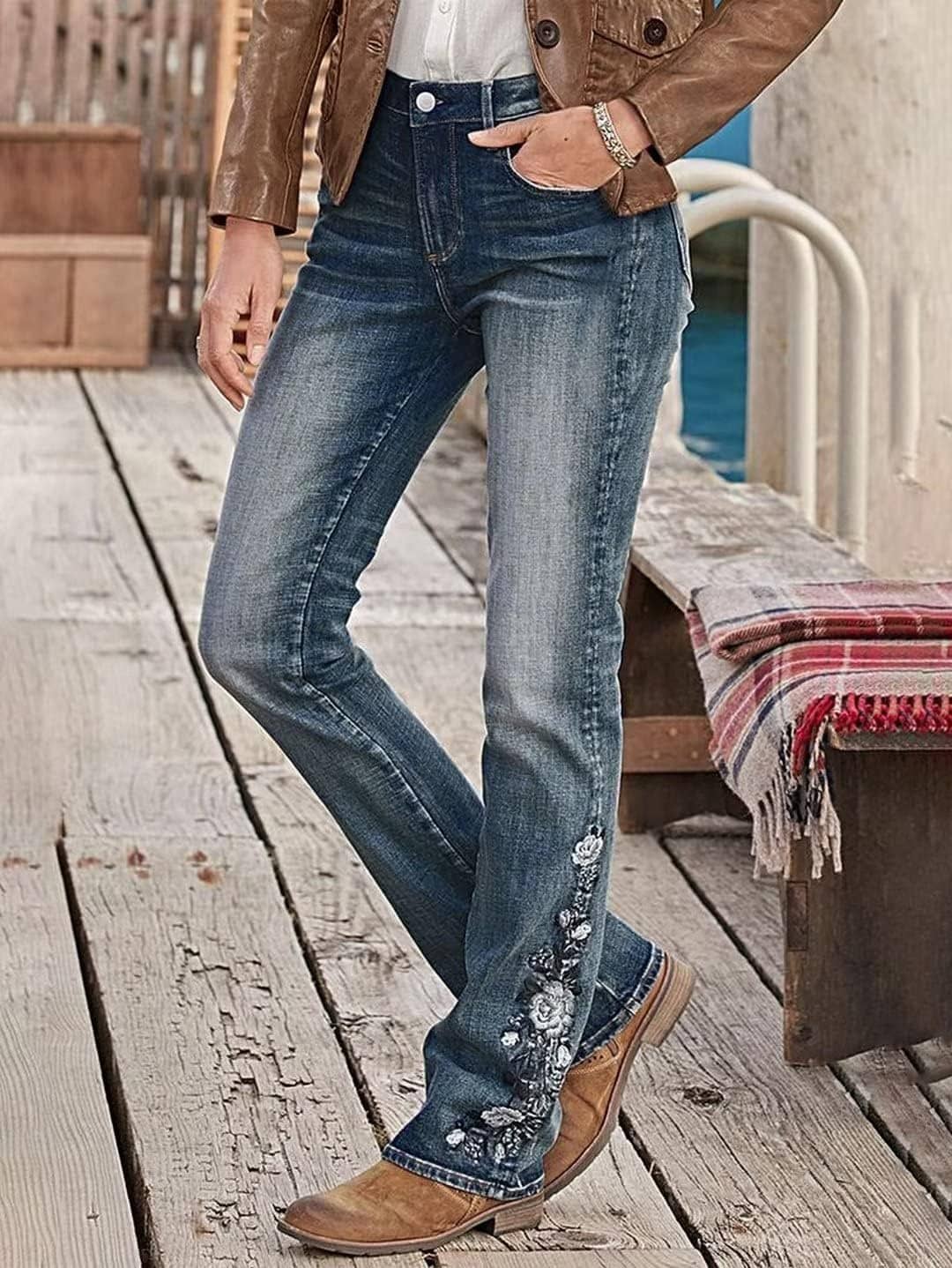 Flamingals Women's Floral Embroidery Mid Waist High Stretch Bootcut Jeans with Pockets - Image 3