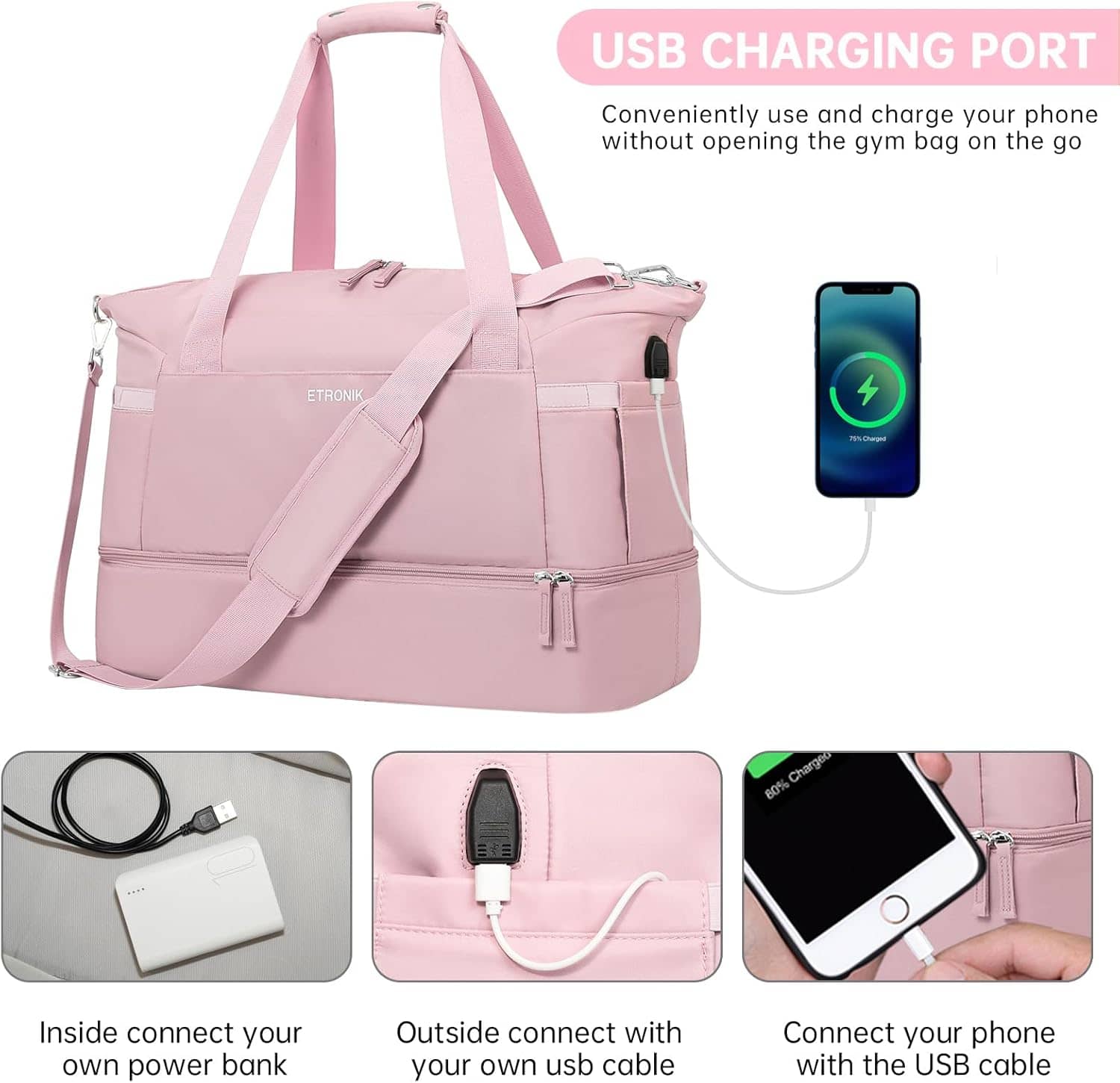 ETRONIK Gym Bag for Women, Personal Item Travel Bag with Shoes Compartment, Weekender Overnight Duffel Bag with Wet Pocket & USB Charging Port, Carry On Bag for Women, Travel, Gym, Weekend (Pink) - Image 5