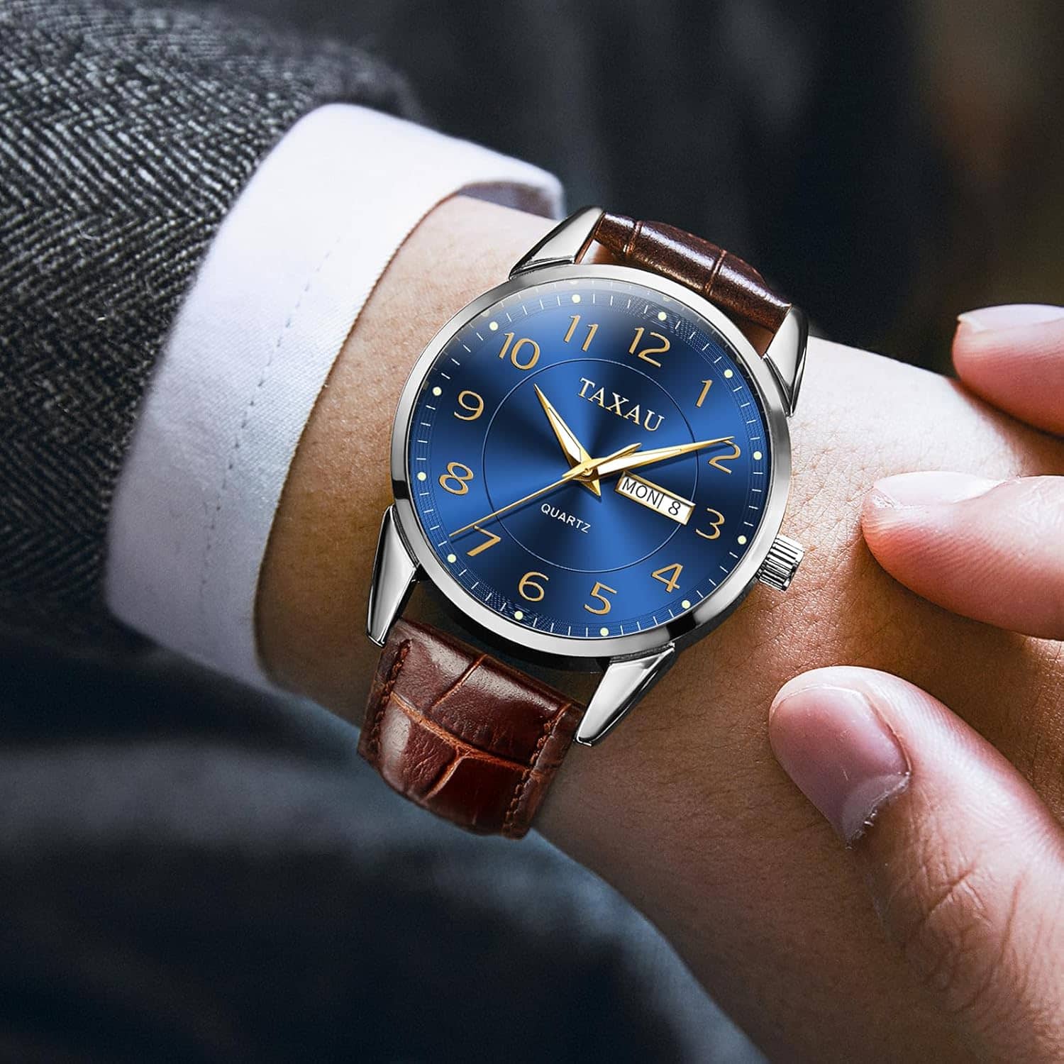Leather Watches for Men Business Dress Men’s Watch with Luxury Waterproof Classic Blue Dial Stainless Steel Analog Quartz Wrist Watches with Brown Band Day Date Luminous Casual Male Man Formal Watch - Image 2