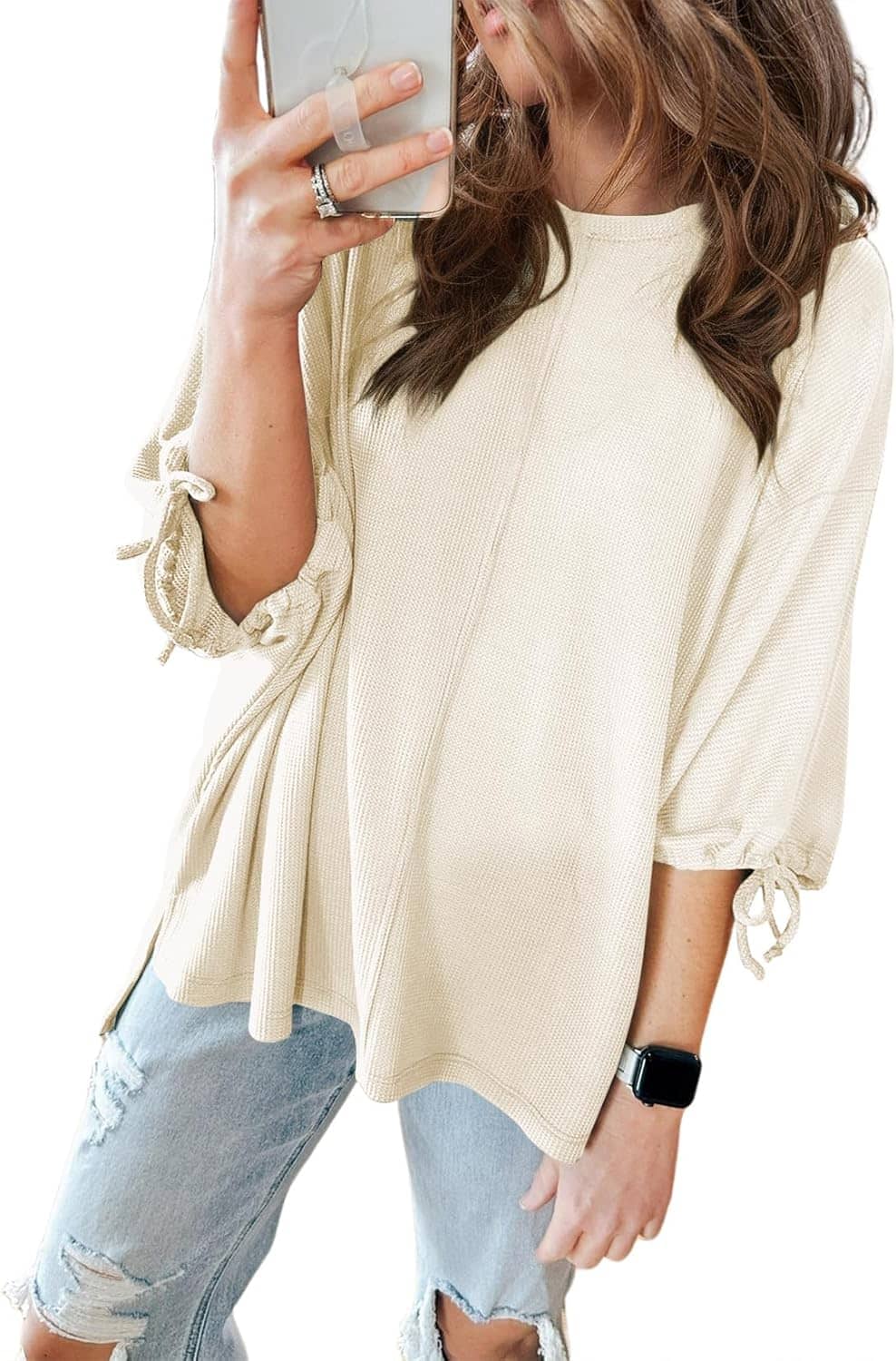 SHEWIN Women's 3/4 Length Sleeve Tunic Tops Loose Fit Casual Crewneck Waffle Knit T Shirts