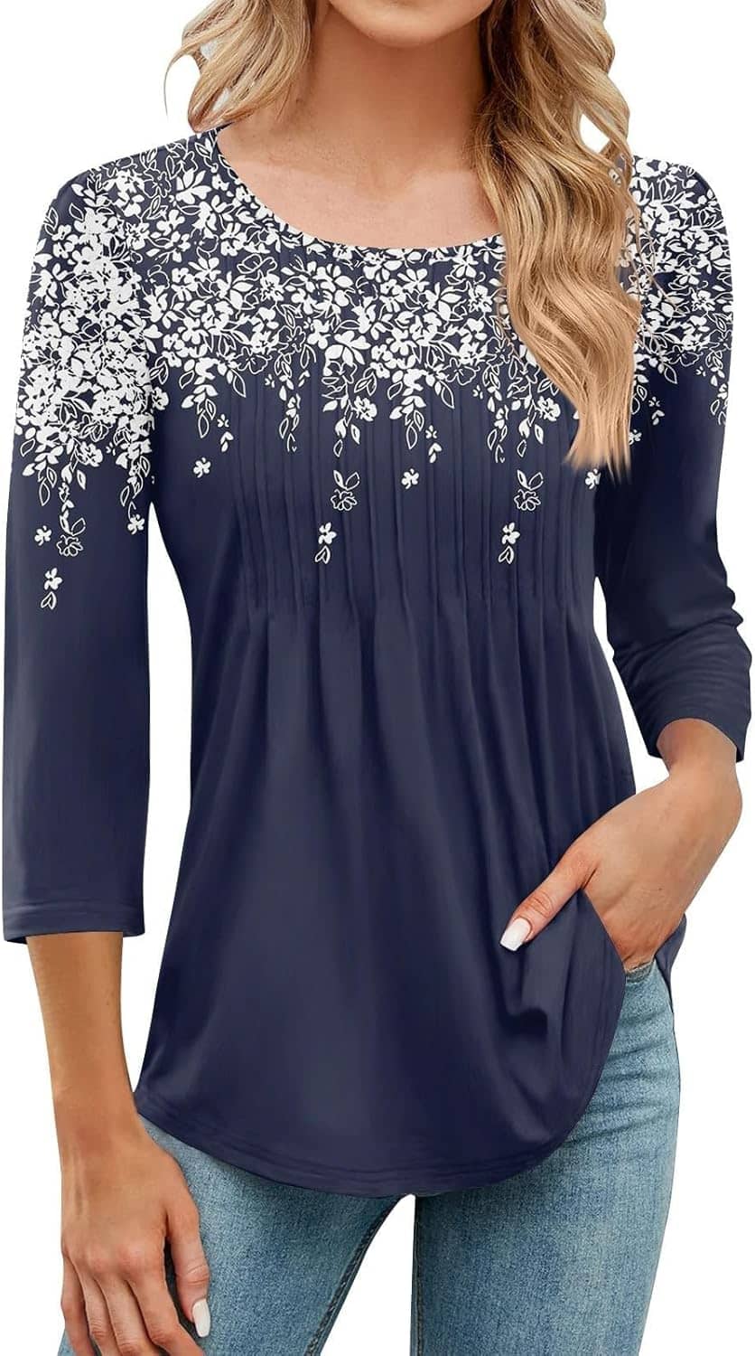 3/4 Sleeve Women Trendy Petal Sleeves Pleated Crewneck Tunic Blouses Cute Floral Gradient Graphic Tees Summer Shirts - Image 5