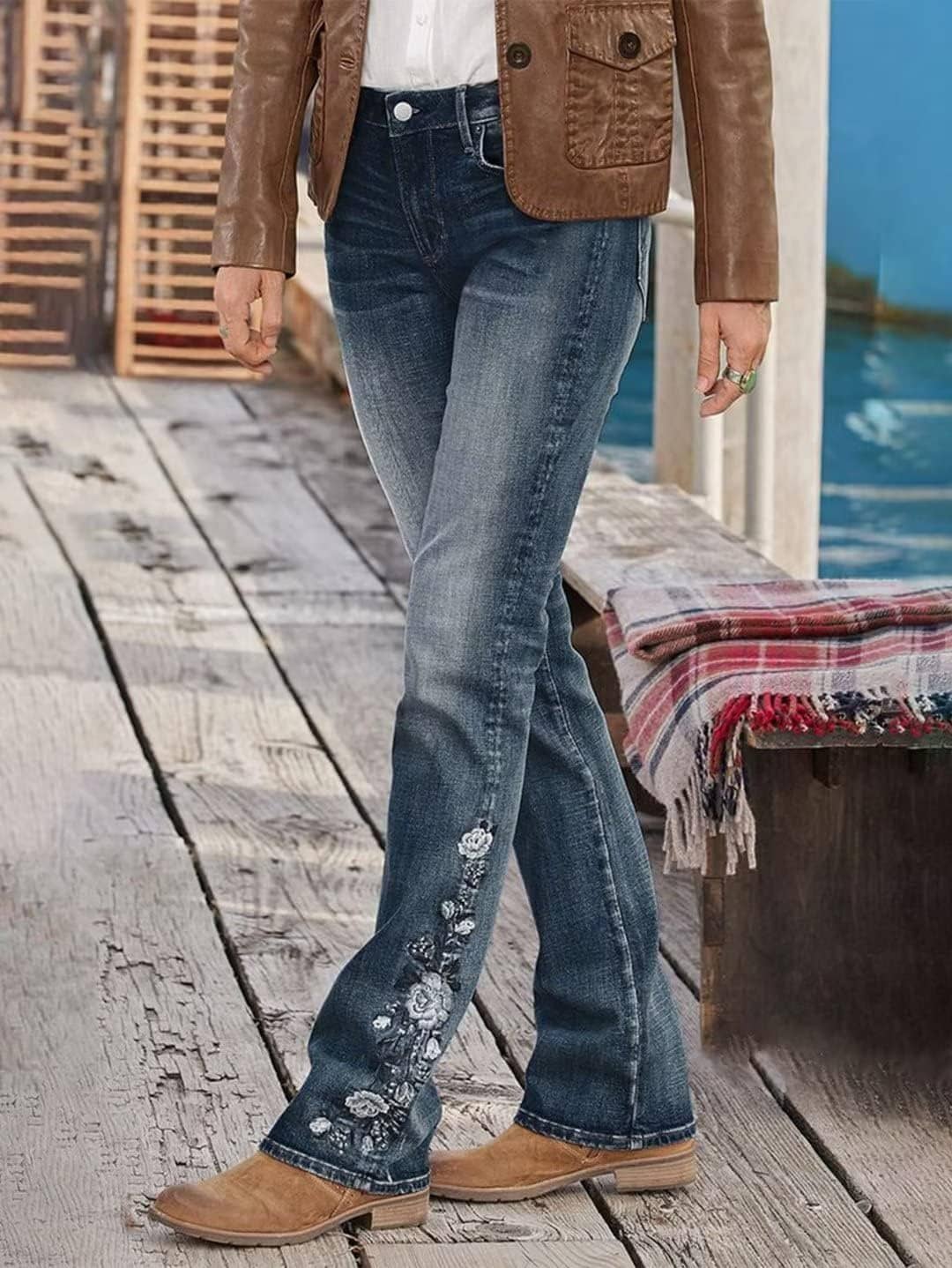 Flamingals Women's Floral Embroidery Mid Waist High Stretch Bootcut Jeans with Pockets - Image 4