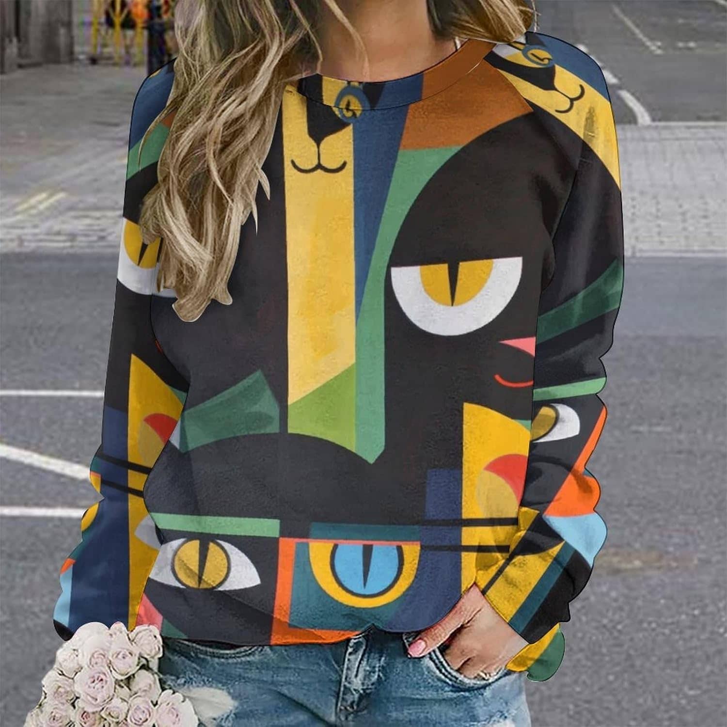 ZOCAVIA Women's Y2K Art Cat Sweatshirts Fall Abstract Cat Graphic Pullover Tops Long Sleeve Oil Painting Cat Printed T Shirts - Image 2