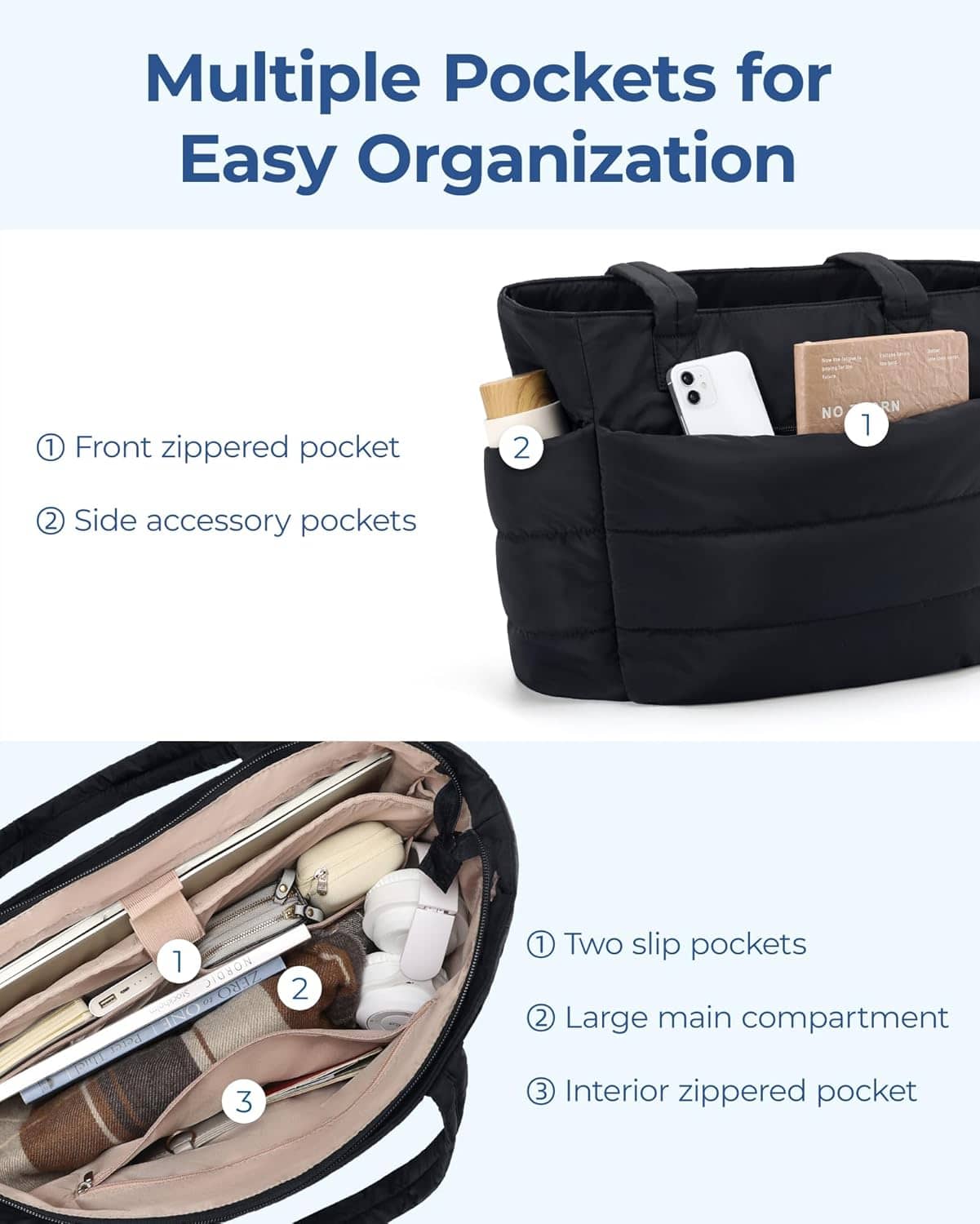 BAGSMART Tote Bag for Women, Lightweight Puffy Tote Bag with Compartments, Quilted Shoulder Bag Handbag for Travel, Work - Image 3