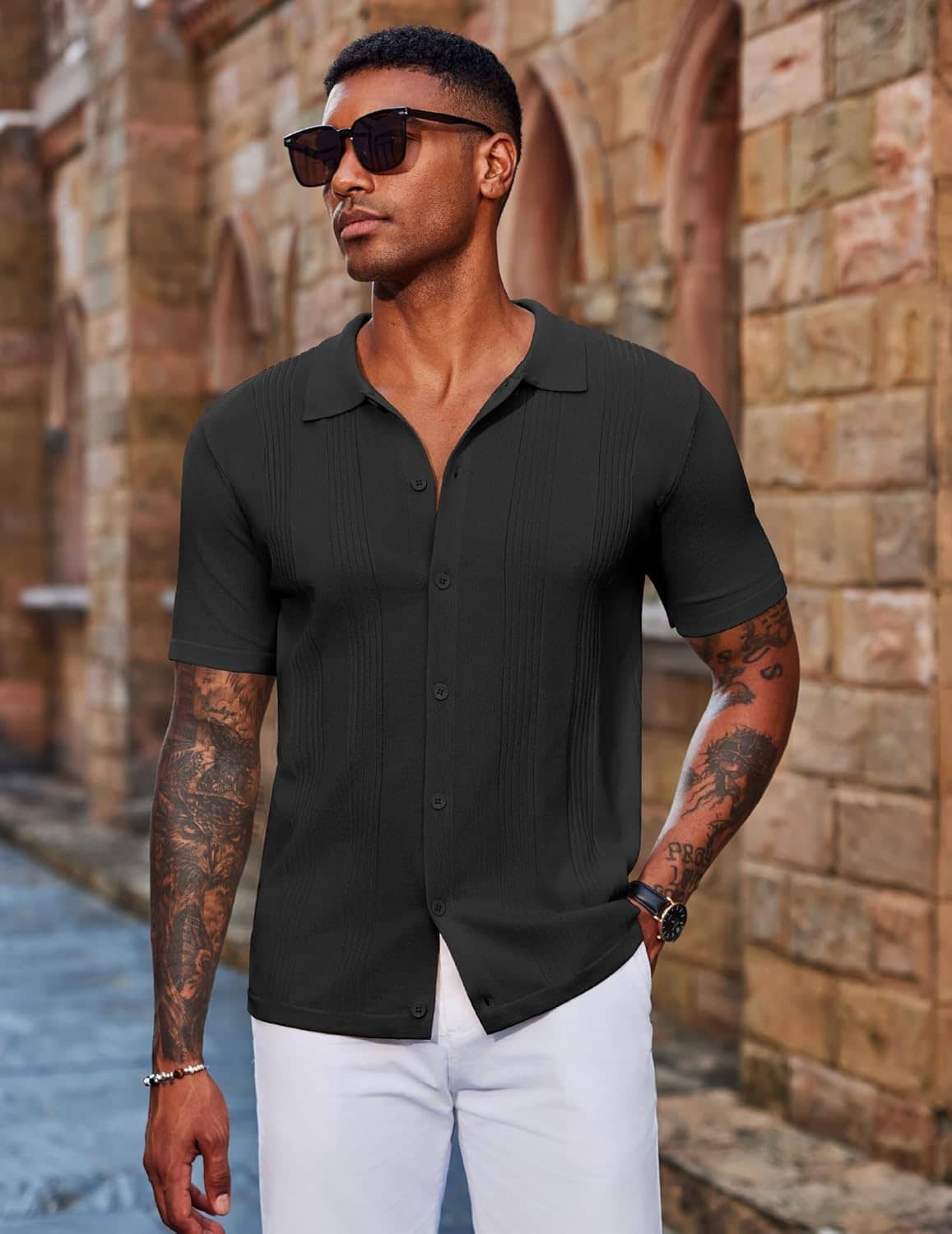 COOFANDY Men's Knit Shirt Short Sleeve Button Down Vintage Polo Shirts Casual Summer Beach Shirts - Image 4