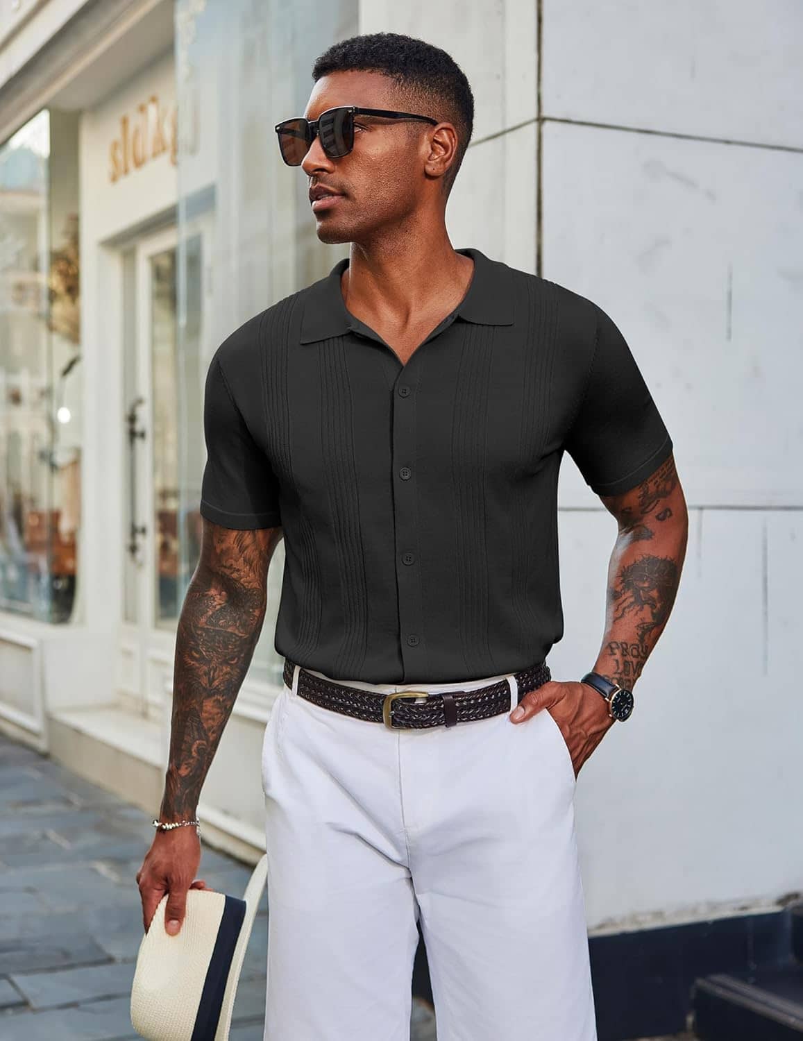 COOFANDY Men's Knit Shirt Short Sleeve Button Down Vintage Polo Shirts Casual Summer Beach Shirts - Image 7