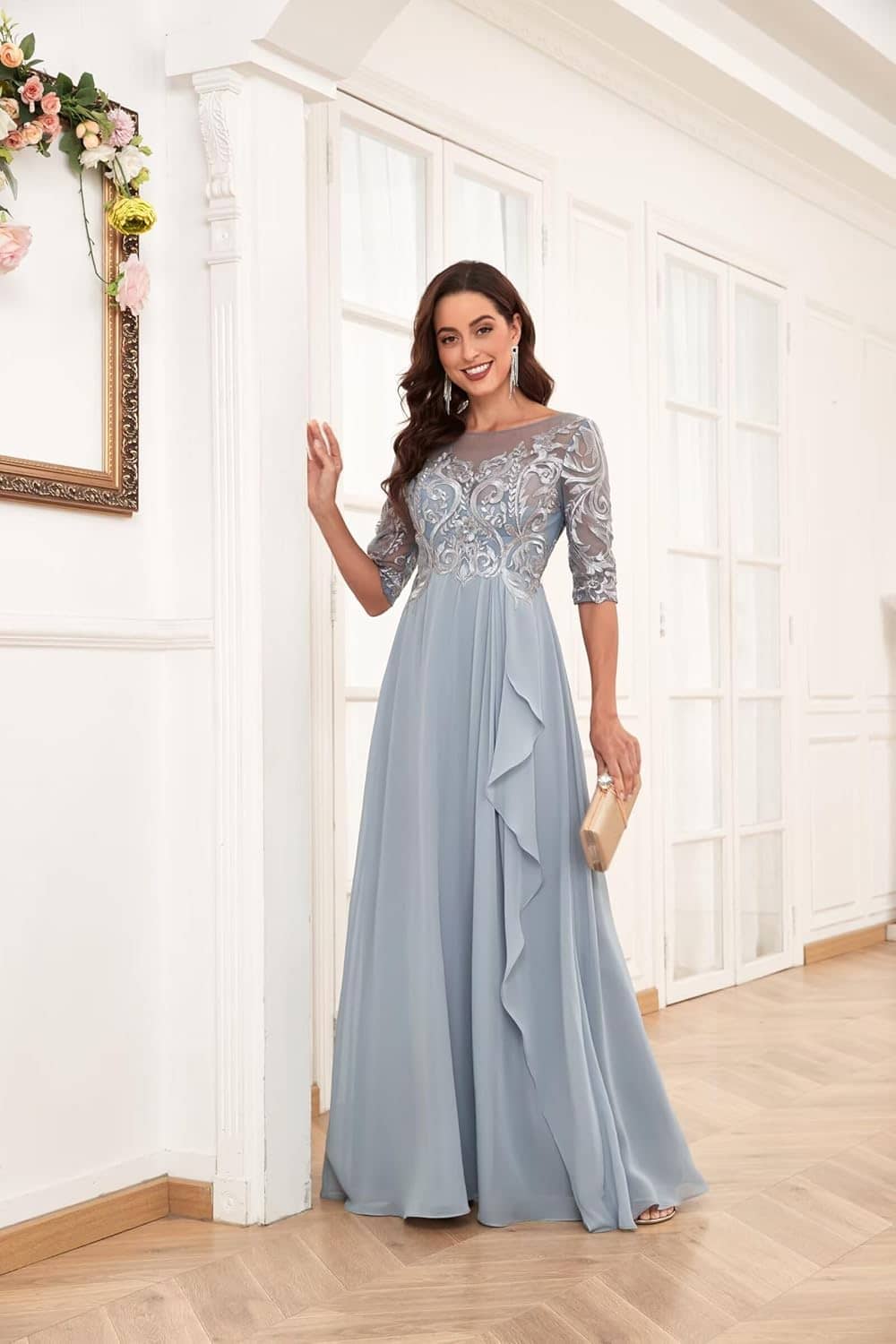 Chiffon Lace Mother of The Bride Dresses for Wedding Long Ruffles Formal Evening Gown with Sleeves - Image 2