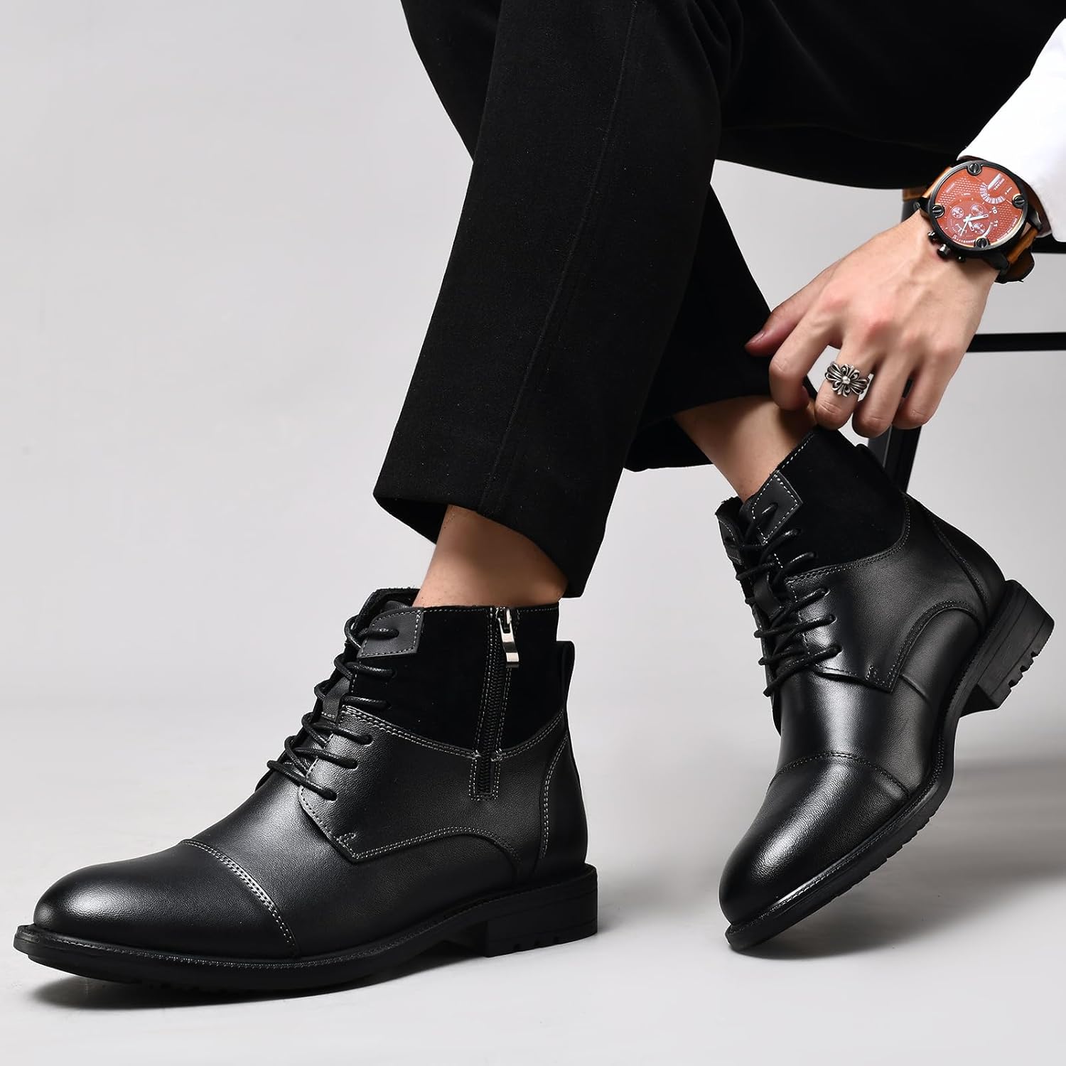 Holy dove Mens Oxford Leather Dress Boots Chukka Boots Cap Toe Side Zip Casual and Comfort Fashion Mid Top Dress Boot Chukka Ankle Boots for Men - Image 6