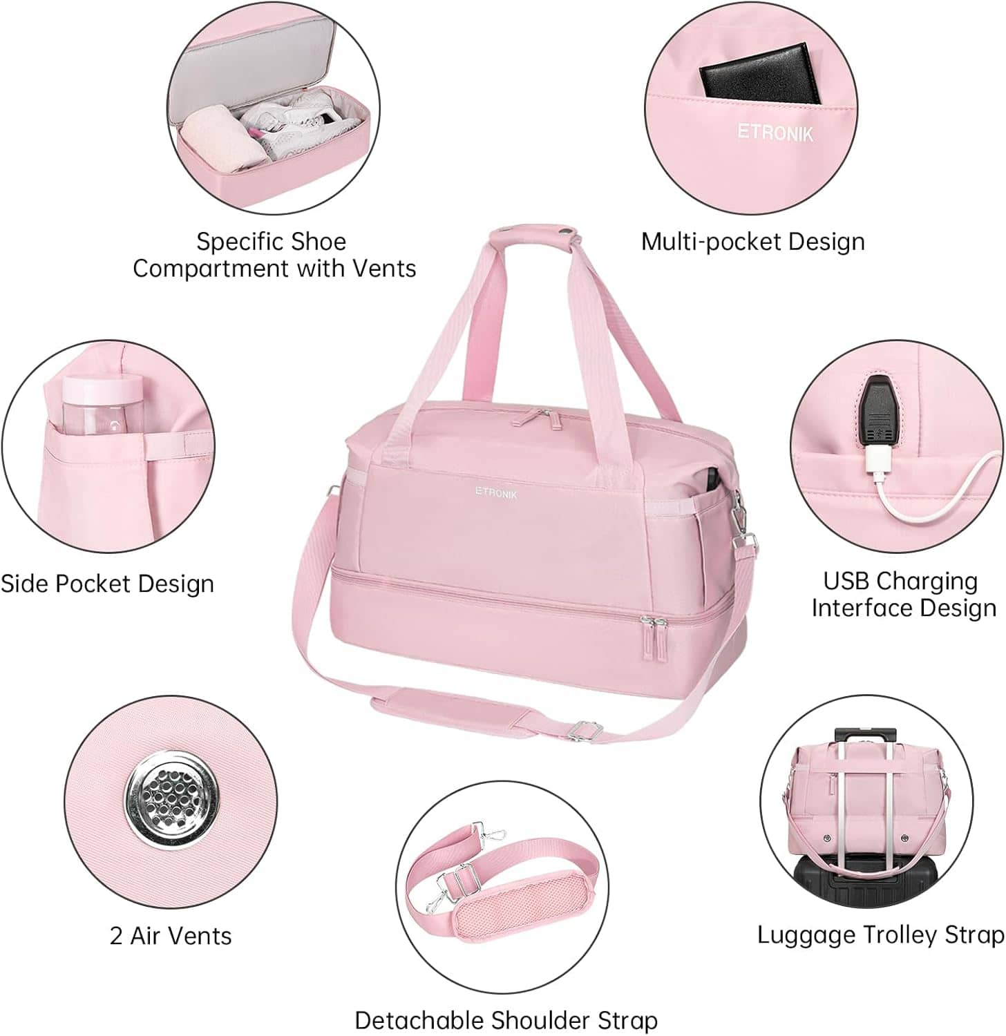 ETRONIK Gym Bag for Women, Personal Item Travel Bag with Shoes Compartment, Weekender Overnight Duffel Bag with Wet Pocket & USB Charging Port, Carry On Bag for Women, Travel, Gym, Weekend (Pink) - Image 3