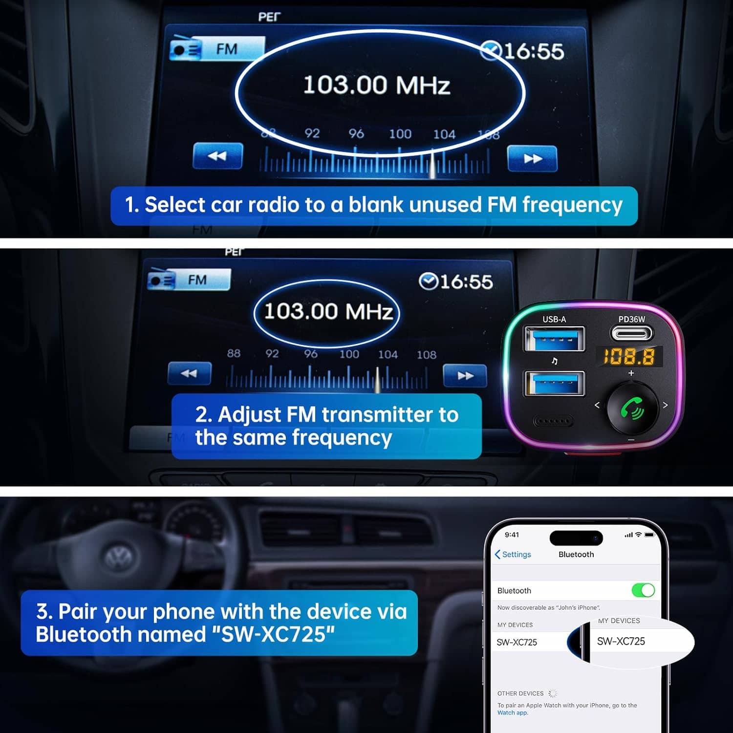 Syncwire Bluetooth 5.4 FM Transmitter Car Adapter 48W (PD 36W & 12W) [Light Switch] [HiFi Bass Sound] [Fast Charging] Wireless Radio Music Adapter LED Display Hands-Free Calling Support USB Drive - Image 7