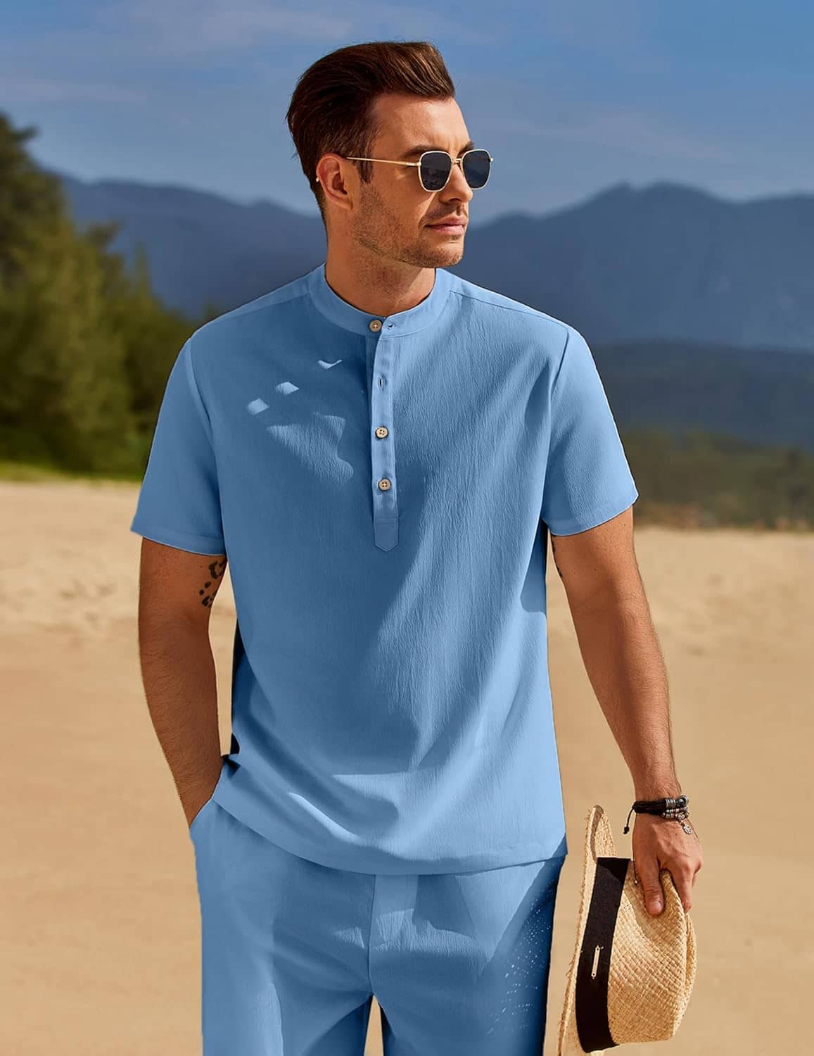 COOFANDY Men's 2 Pieces Set Short Sleeve Casual Henley Shirts Beach Yoga Pants Summer Beach Outfit - Image 2