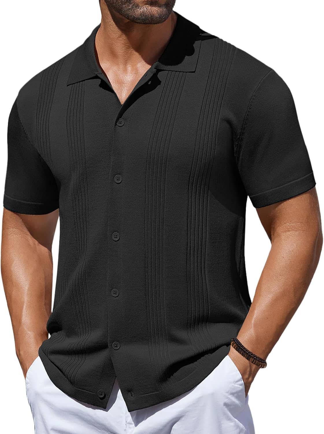 COOFANDY Men's Knit Shirt Short Sleeve Button Down Vintage Polo Shirts Casual Summer Beach Shirts