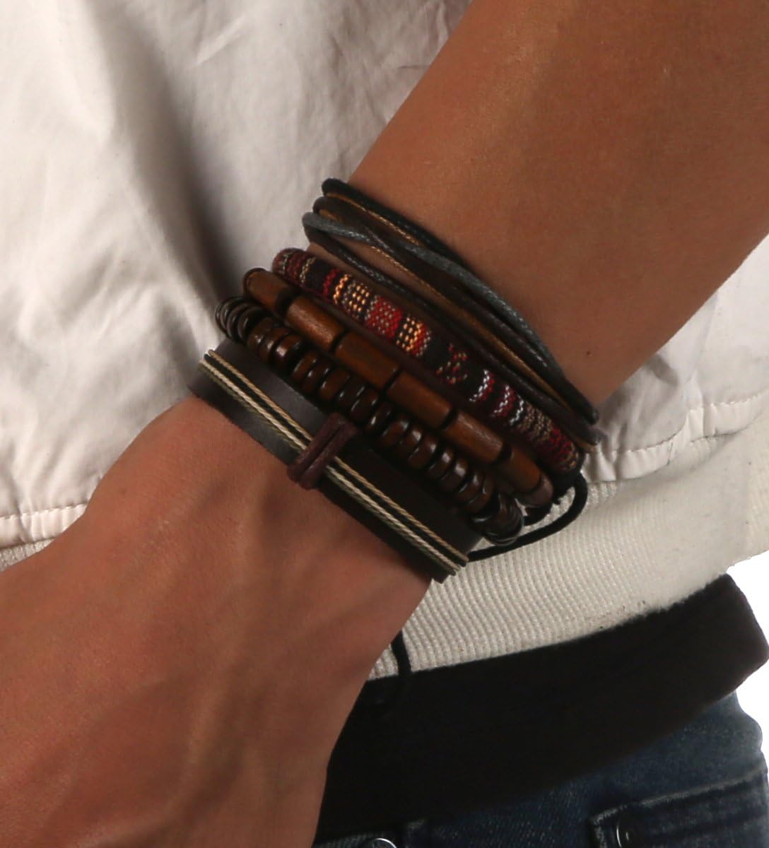 HZMAN Wrap Bracelets Men Women, Hemp Cords Wood Beads Ethnic Tribal Bracelets, Leather Wristbands - Image 2