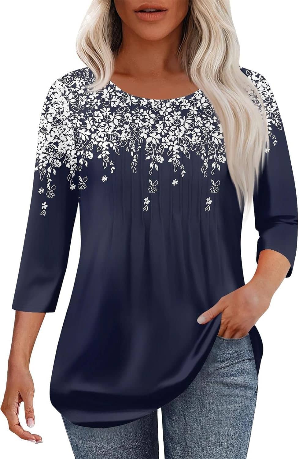 3/4 Sleeve Women Trendy Petal Sleeves Pleated Crewneck Tunic Blouses Cute Floral Gradient Graphic Tees Summer Shirts