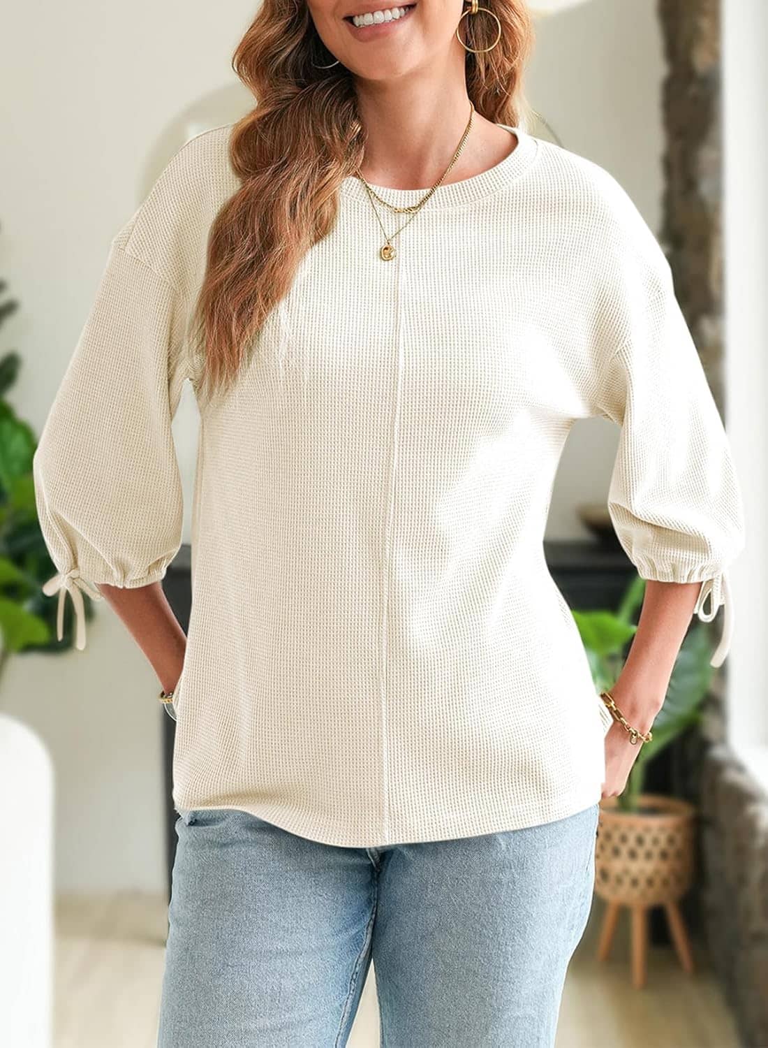 SHEWIN Women's 3/4 Length Sleeve Tunic Tops Loose Fit Casual Crewneck Waffle Knit T Shirts - Image 3