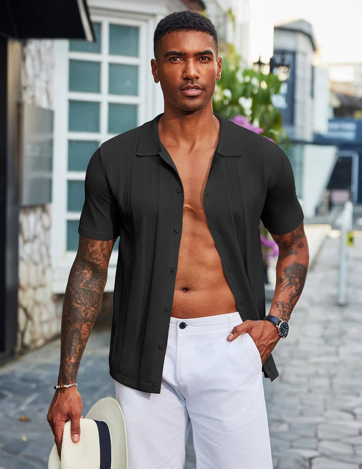 COOFANDY Men's Knit Shirt Short Sleeve Button Down Vintage Polo Shirts Casual Summer Beach Shirts - Image 2