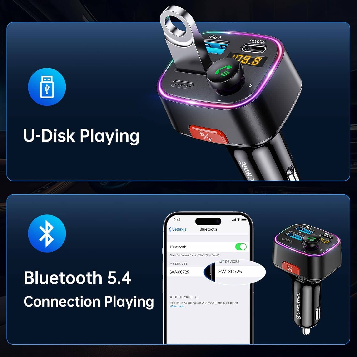 Syncwire Bluetooth 5.4 FM Transmitter Car Adapter 48W (PD 36W & 12W) [Light Switch] [HiFi Bass Sound] [Fast Charging] Wireless Radio Music Adapter LED Display Hands-Free Calling Support USB Drive - Image 5