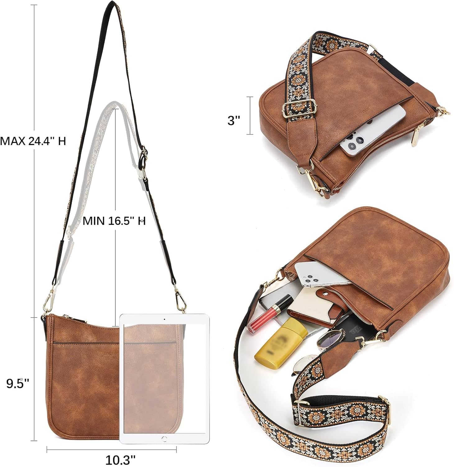 BOSTANTEN Crossbody Bags for Women Trendy Vegan Leather Hobo Purses Shoulder Handbags With Wide Shoulder Strap - Image 3