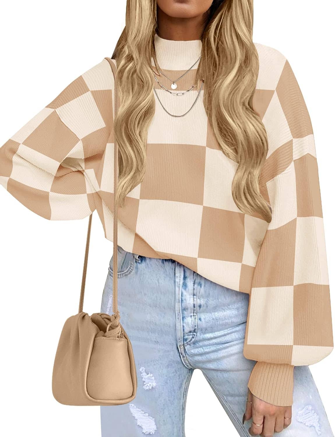 ZESICA Women's Fall Fashion Turtleneck Long Sleeve Striped Ribbed Knit Loose Pullover Sweater Tops