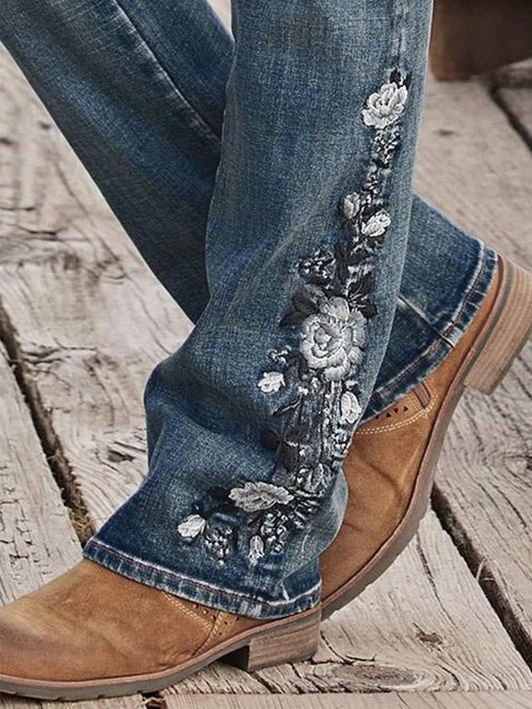 Flamingals Women's Floral Embroidery Mid Waist High Stretch Bootcut Jeans with Pockets - Image 2