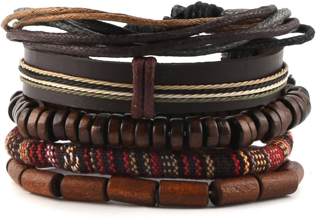 HZMAN Wrap Bracelets Men Women, Hemp Cords Wood Beads Ethnic Tribal Bracelets, Leather Wristbands