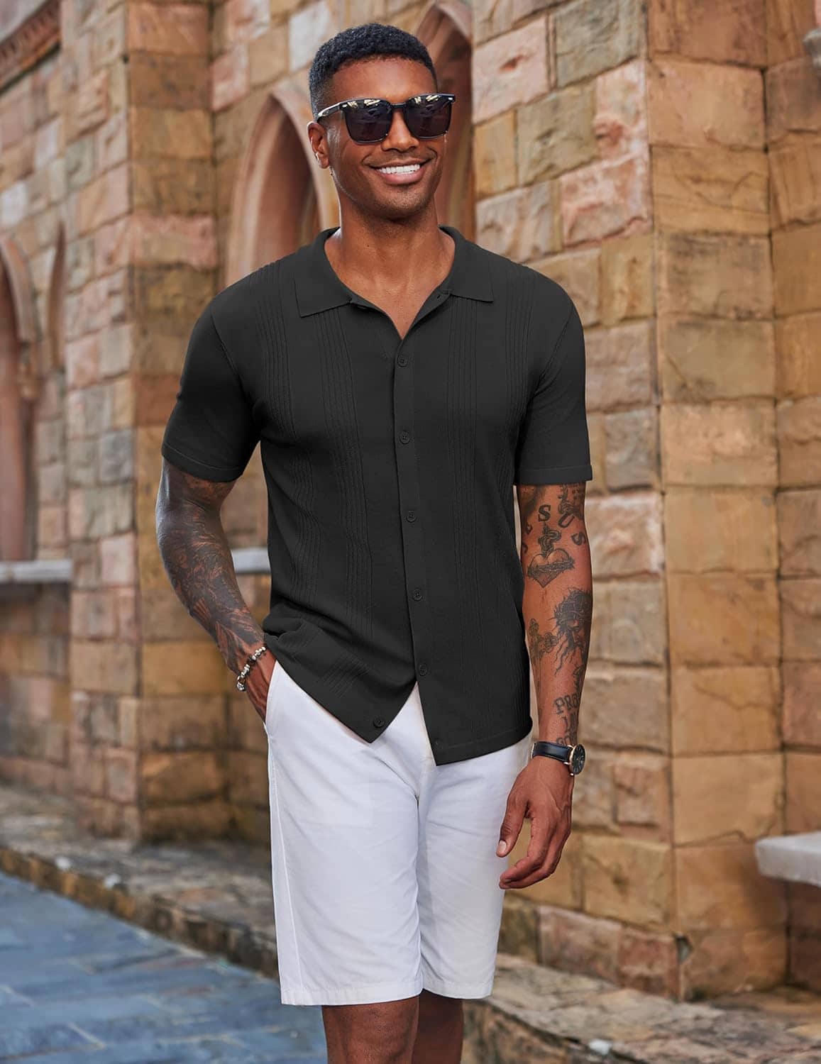 COOFANDY Men's Knit Shirt Short Sleeve Button Down Vintage Polo Shirts Casual Summer Beach Shirts - Image 6