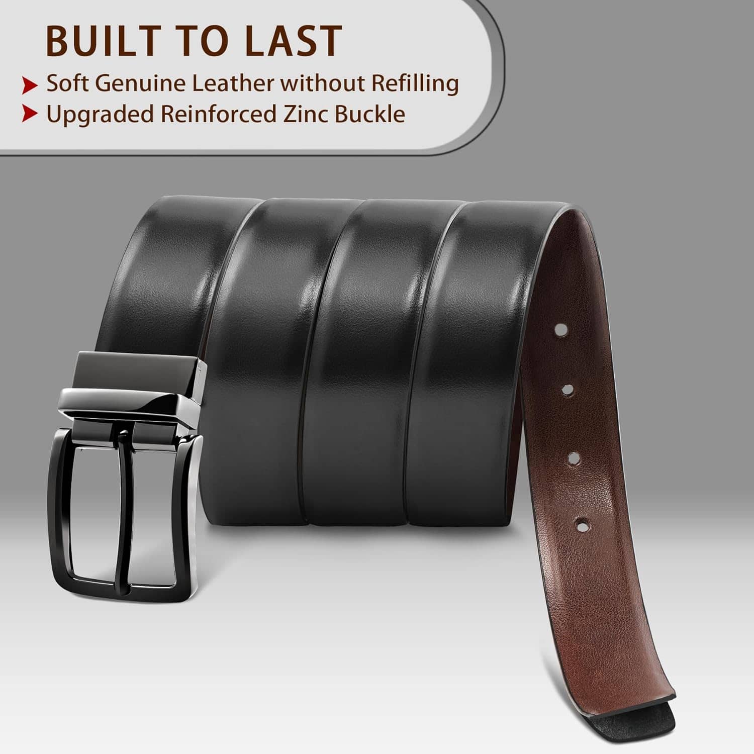 MILORDE Men’s Reversible Leather Belt for Casual Golf Dress Pants Shirts, Double Style - 2 Sides - Image 3