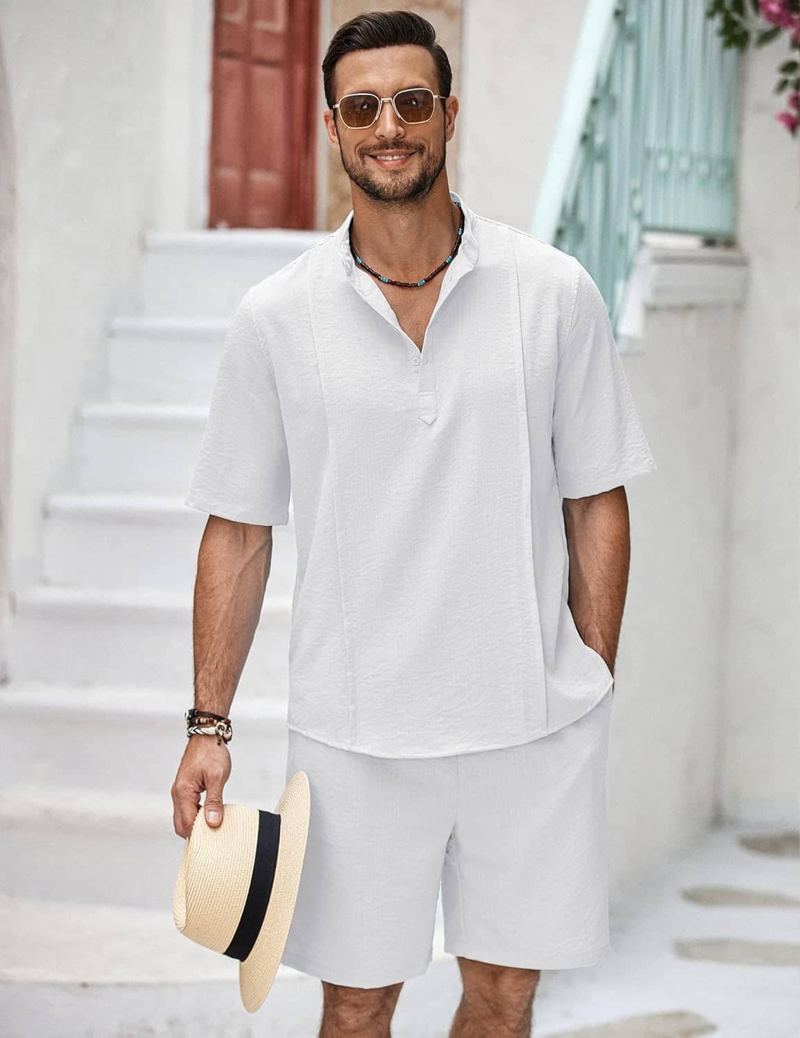 COOFANDY Men's 2 Pieces Linen Set Henley Shirt Short Sleeve and Shorts Summer Beach Yoga Matching Outfits - Image 4