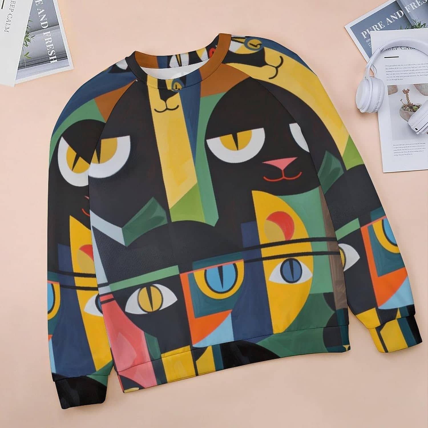 ZOCAVIA Women's Y2K Art Cat Sweatshirts Fall Abstract Cat Graphic Pullover Tops Long Sleeve Oil Painting Cat Printed T Shirts - Image 3