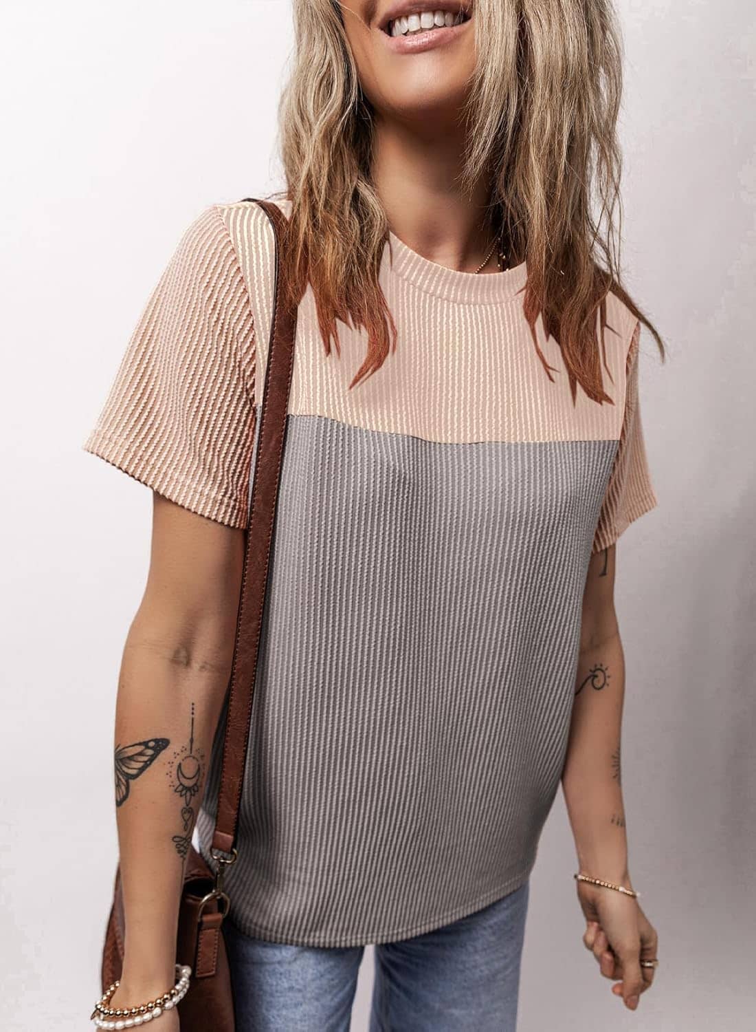 Dokotoo Womens Color Block Fashion Short Sleeve Crewneck Knitted Spring Summer Casual Loose T Shirts Tops - Image 3
