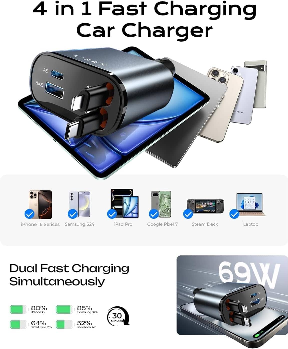 LISEN Retractable Car Charger 4 in 1 [69W USB C Car Charger Adapter] for iPhone 16 Car Charger Fast Charging, Gifts for Women Men, Car Accessories USBC Car Charger for iPhone 16 15 14 13 12, Gray - Image 4