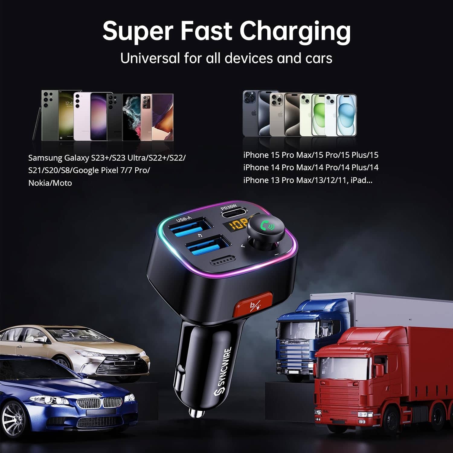 Syncwire Bluetooth 5.4 FM Transmitter Car Adapter 48W (PD 36W & 12W) [Light Switch] [HiFi Bass Sound] [Fast Charging] Wireless Radio Music Adapter LED Display Hands-Free Calling Support USB Drive - Image 8