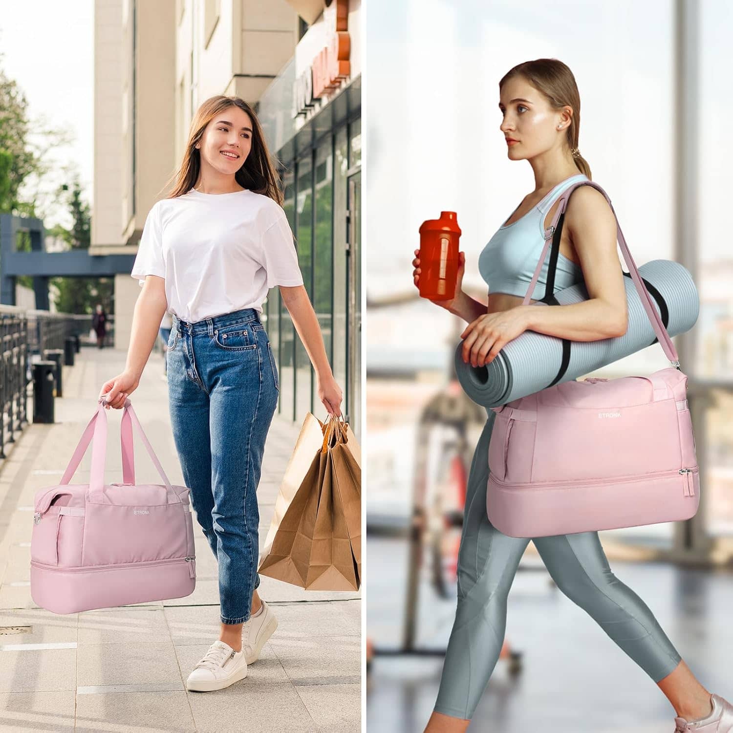 ETRONIK Gym Bag for Women, Personal Item Travel Bag with Shoes Compartment, Weekender Overnight Duffel Bag with Wet Pocket & USB Charging Port, Carry On Bag for Women, Travel, Gym, Weekend (Pink) - Image 6