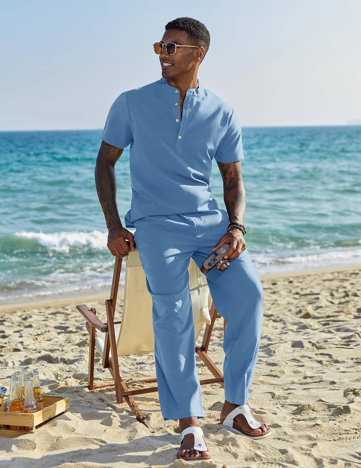 COOFANDY Men's 2 Pieces Set Short Sleeve Casual Henley Shirts Beach Yoga Pants Summer Beach Outfit - Image 3