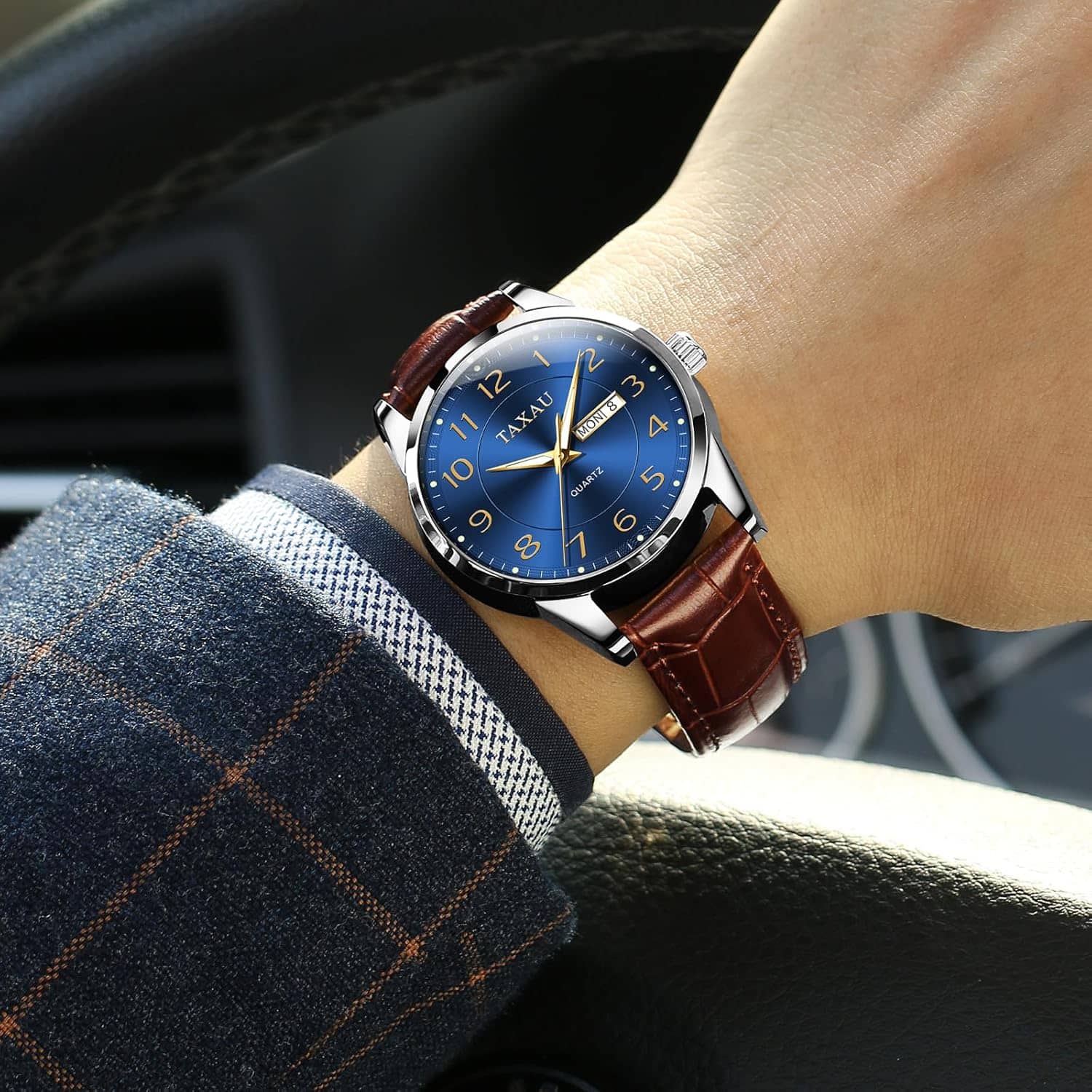 Men's Watches Fashion Casual Leather Watches for Men Big Face Easy Read Arabic Numerals Mens Watches Quartz Analog Luminous Waterproof Men Watch Day Date Classic Luxury Dress Men's Wrist Watches - Image 2