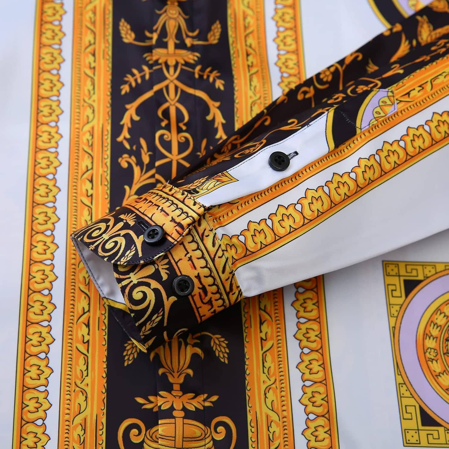Men Gold Fashion Luxury Printed Satin Long Sleeve Button-Down Shirts Flashy Retro Gorgeous Design Party Gift Shirt - Image 5