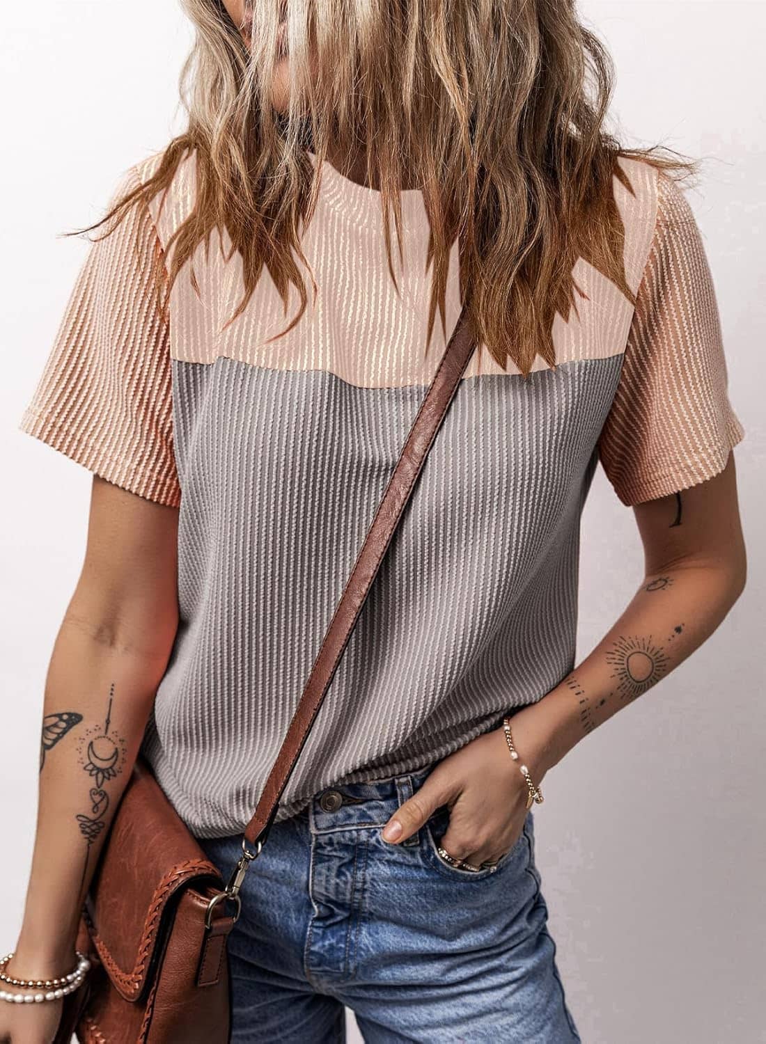 Dokotoo Womens Color Block Fashion Short Sleeve Crewneck Knitted Spring Summer Casual Loose T Shirts Tops - Image 5
