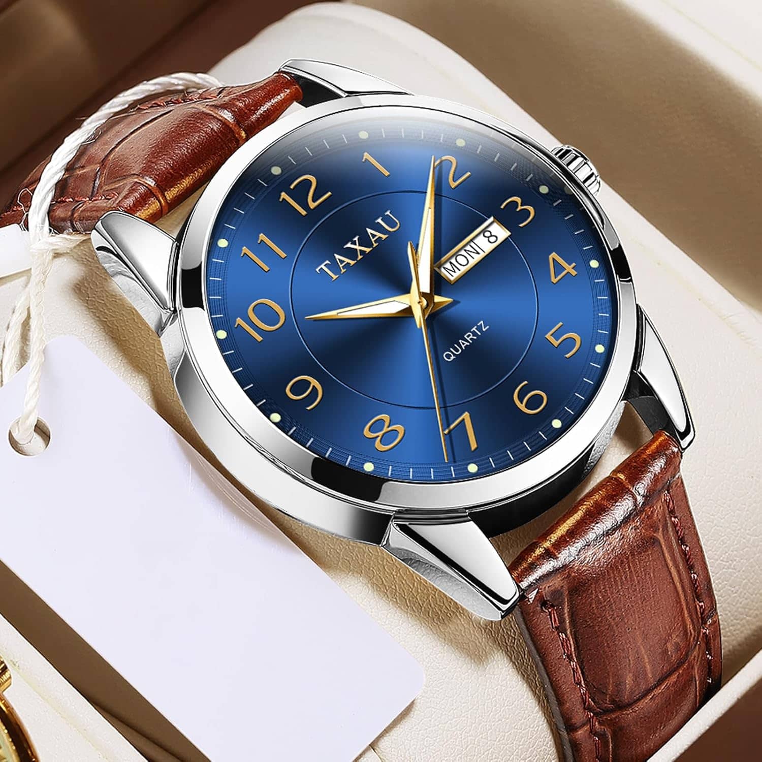 Leather Watches for Men Business Dress Men’s Watch with Luxury Waterproof Classic Blue Dial Stainless Steel Analog Quartz Wrist Watches with Brown Band Day Date Luminous Casual Male Man Formal Watch - Image 5