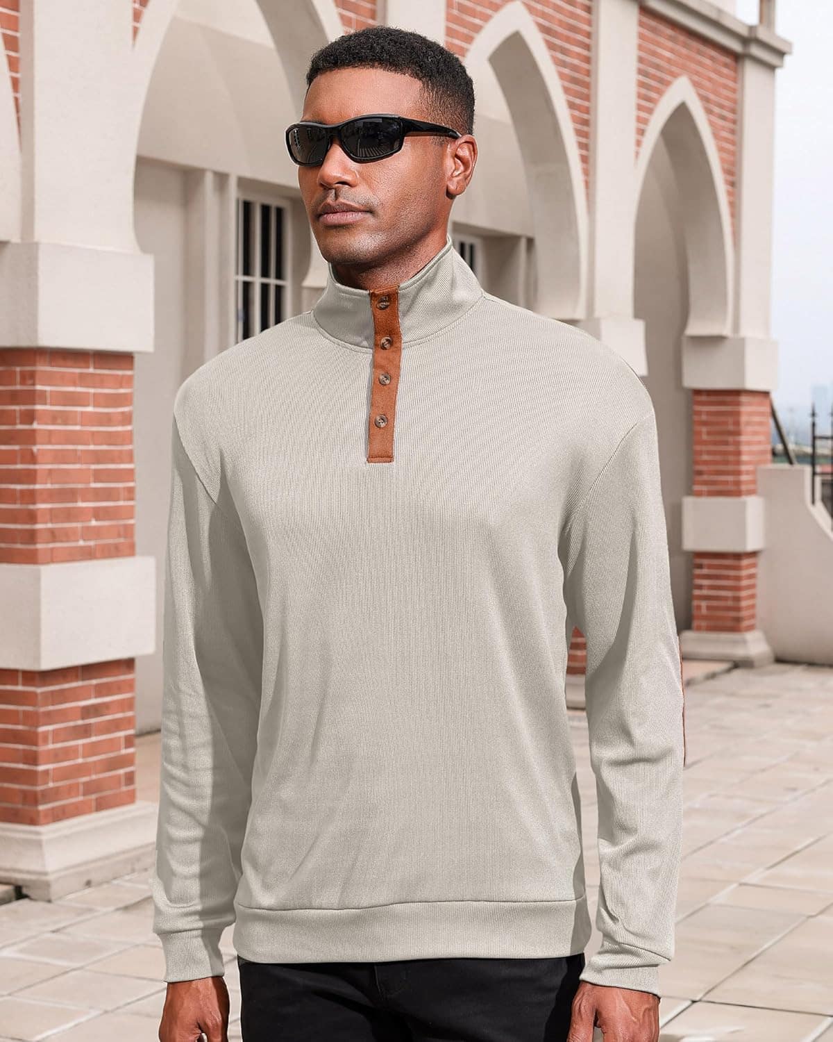 Lexiart Men's Casual Corduroy Sweatshirt Long Sleeve Thermal Stand Collar Button Pullover Sweatshirts - Image 3